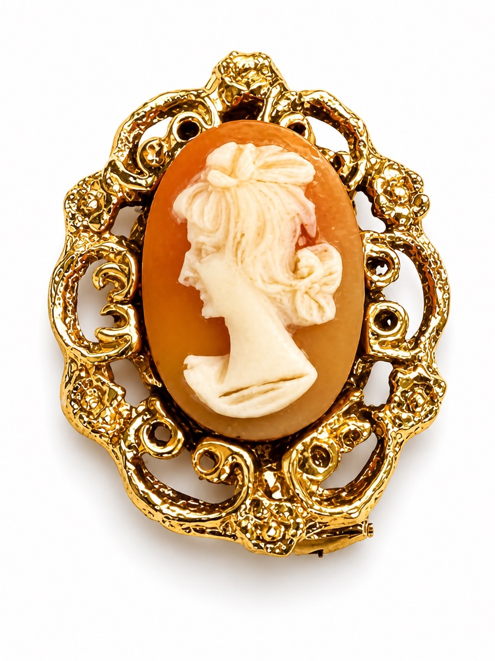 Vintage Cameo Brooch Gold Tone Frame Lady Profile Victorian Style Estate Pin